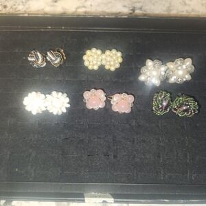 Vintage Clip On Earring Lot Japan Hong Kong Beaded Faux Pearl Floral Retro